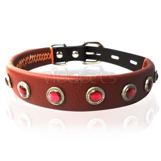 14 18" Genuine Real Leather Gemstone Pet Dog Collar Brown Medium