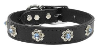 Jeweled Flower Black Leather Pet Dog Collar