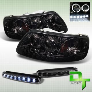DRL LED Bumper Fog Smoke 97 03 F150 F250 Expedition Halo Projector Headlights