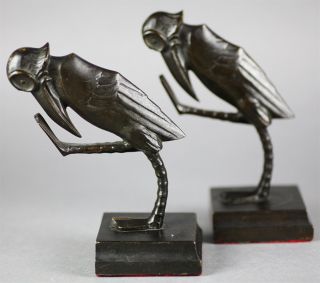 RARE Pair German Art Deco FVM Bronze Grotesque Bird Bookends C 1920