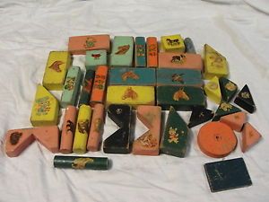 Vtg Antique Wooden Wood Toy Building Blocks Lithograph Animals