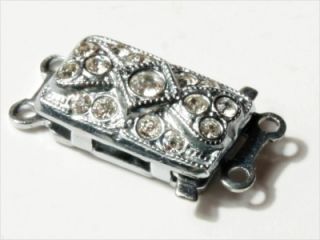 1 Vtg 2STRAND Czech Art Deco Silver T Glass Rhinestones Necklace Clasp Marked