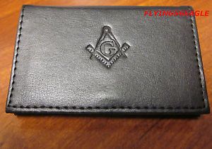 Masonic Business Card or Dues Card Holder Soft Black Leather Square Compass