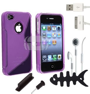 6X iPhone 4 4S Purple TPU Case Dust Dock Cap Earphone Fishbone Cable