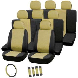 22pc Full Set Tan Beige Black Auto SUV Seat Covers Bucket Bench Wheel Head Belt