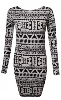 Tribal Aztec Print Long Sleeve Stretch Bodycon Mini Tunic Dress Top Womens 8 14