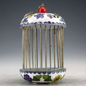 Oriental Vintage Handwork Silver Cloisonne Enamel Raised Bird Cage