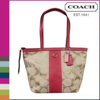Coach 21950 Signature Stripe Tote Bag Purse Light Khaki Coral Pink Red