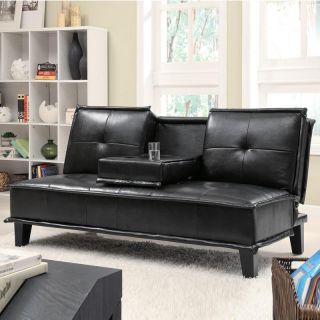 Beautiful Looking Black Bycast Leather Plush Seating Cup Holders Sofa Bed Futon