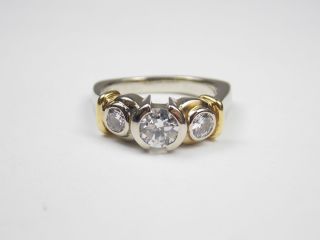 Stunning 14k Two Tone Gold Bezel Set Three Stone Diamond Ring Size 7
