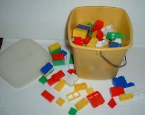 Vtg Bucket Plastic Snap Together Blocks Multi Colored