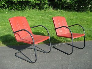 Pair of Vtg Mid Century Metal Spring Lawn Chairs Garden Patio Porch Red Paint
