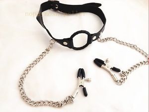 Leather Harness Chain O Ring Gag Open Mouth Clips Clamps with Restraint