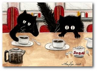 Peek Boo Black Cats Coffee Shop Espresso Coffee Humor Art ACEO Le Print