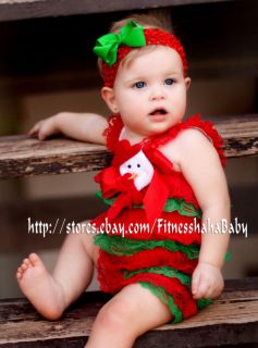 3set Christmas Baby Girl Lace Posh Petti Ruffle Rompers Headband Hair Bow s M L