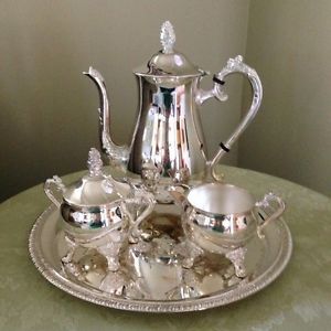 Silver Plated E P Brass 5pc Coffee Tea Set Tea Pot Sugar Creamer Plate