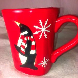 Handpainted Christmas Holiday Penguin Square Base Coffee Hot Cocoa Red Mug