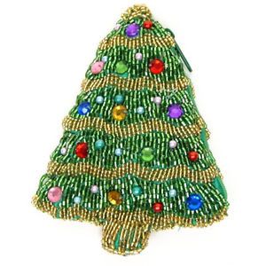 Christmas Tree Beaded Coin Change Purse Zip Pouch Bag Xmas Holiday Festive
