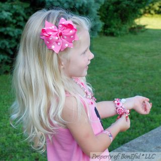BonEful RTS New Boutique Girl Pink Polka Dot Ribbon 4" L Hair Bow Alligator Clip
