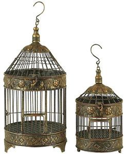 Pair Round Chic 20" 14" Metal Decorative Bird Cages Figures Bronze Finish Nested