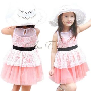 Fashion Lovely Girl Kid Sleeveless Lace Belt Party Dress Costume Clothing 2 7 Y