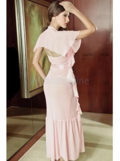 Pink Women's Sexy Charming Deep V Neck Sheer Gown Long Falbala Party Stage Dress