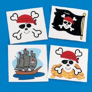72 Pirate Tattoos Party Favors Jolly Roger Skull SHIP Flag Doubloons