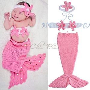 3pcs Newborn Baby Girl Mermaid Outfit Crochet Knit Pearl Tail Costume Photo Prop