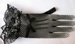 Grid Lace Gloves Bridal Wedding Formal Costume High Elastic Knitting Black White
