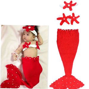 Cute Baby Newborn 12M Infant Knit Crochet Red Mermaid Costume Photo Prop Outfits
