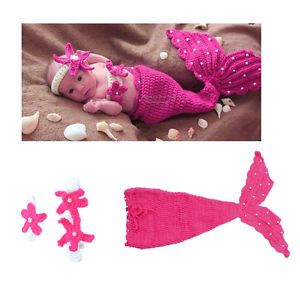 Baby Newborn 12M Infant Knit Crochet Rose Red Mermaid Costume Photo Prop Outfits