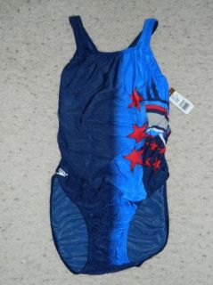 Vintage Womens Speedo USA Blue White Red Racerback Swim Suit Sz 38 12