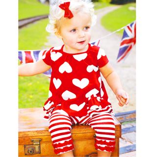 Kids Baby Girls Top Pants 2pcs Outfits Red Hearts Striped Costume Clothes 0 3Y