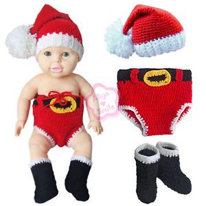 3pc Crochet Baby Cute Santa Costume Infant Knit Photo Props Xmas Hat Boots 0 12M