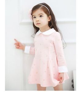 Girls Kid Clothes Toddler Korean Round Collar Pink Autumn Dresses Size 4 5 Year