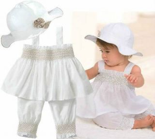 3pcs Baby Girl Kid Ruffle Top Pants Hat Set Outfit Clothes Costume 12 18 WHITE03
