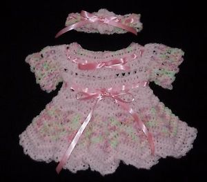 Crochet Pink and Varigated Baby Girl Dress and Headband Handmade Newborn
