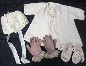 Antique Early 1900's Baby or Doll Clothes Coat Bonnet Gloves Bunny Shoes