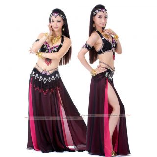 Black Dark Pink Professional Belly Dance Costumes Outfit Set 2pcs Bra Belt