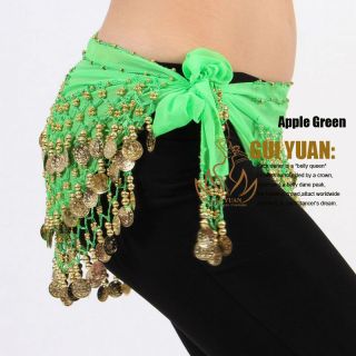 Belly Dance Costume Hip Scarf Wrap Belt Skirt with 158GOLD Coins Apple Green