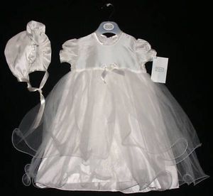 Baby Girls Clothes Ivory Christening Dress Gown Satin Bonnet 0 6 mths New