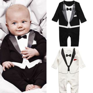 Baby Boy Wedding Tuxedo Suit Bowtie Romper Bodysuit Outfit Black Clothes 3 18M