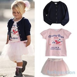 Girls 3 Pieces Set T Shirt Coat Skirt Outfit Baby Clothes Tutu Dress 0 5 Years
