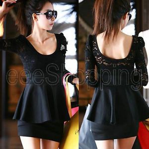 Sexy Womens Black Lace Long Sleeve Clubbing Cocktail Party Casual Mini Dress