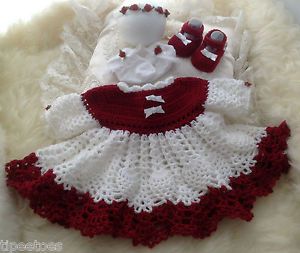 Knitted Crochet Baby Girls or Reborn Clothes Xmas Dress Headband Socks Shoes
