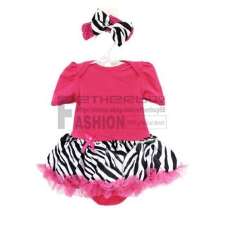 2pcs Newborn Baby Girl Headband R Omper Dress Clothes Outfit Hot Pink Zebra 6 9M