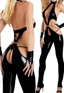 Sexy Lady Black Faux PVC Outfit Costume Fancy Bodysuit Crotchless Partywear New