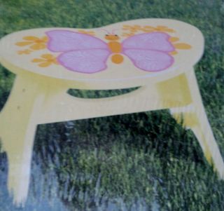 New Solid Wood Butterfly Flowers Step Stool Wooden Yellow Pink Childrens NIB