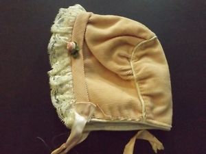 Vintage Peach Corduroy Lace Baby Hat Bonnet Doll Making Baby Clothes