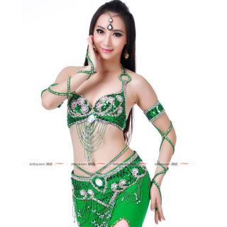 Green Professional Belly Dance Costumes Outfit Set 3pcs Bra Belt Skirt